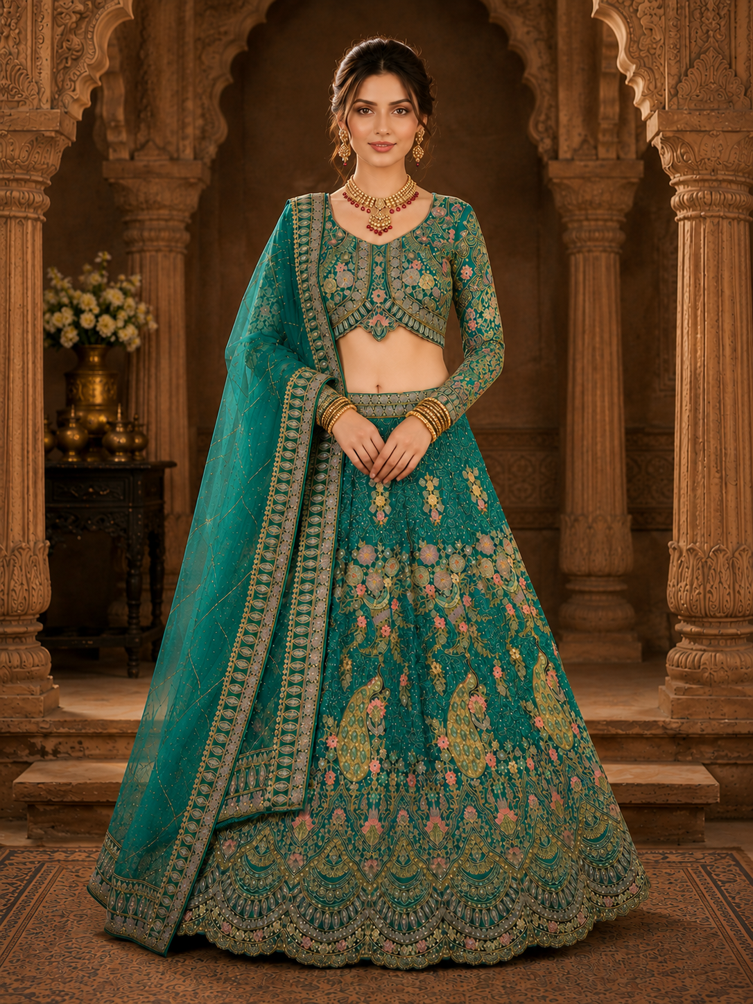 Sky Blue Embroidered Lehenga Set with Dupatta Featuring Floral Threadwork, Sequins & Peacock Motifs