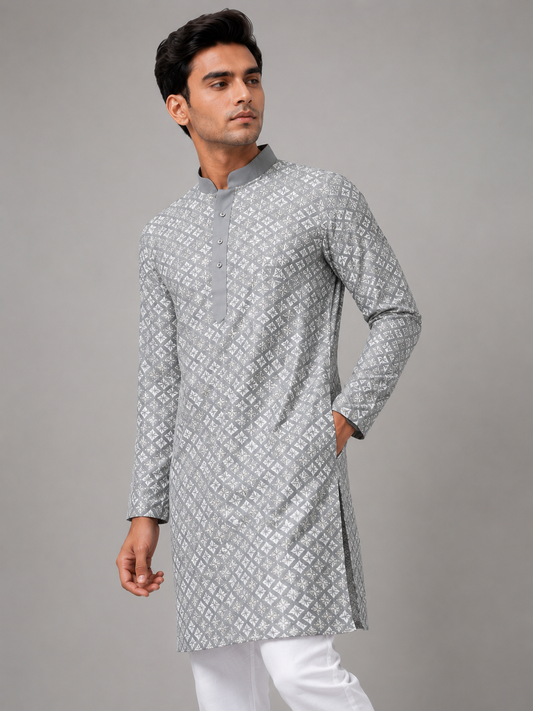 Classic Grey Embroidered Kurta Set Featuring Refined Elegance
