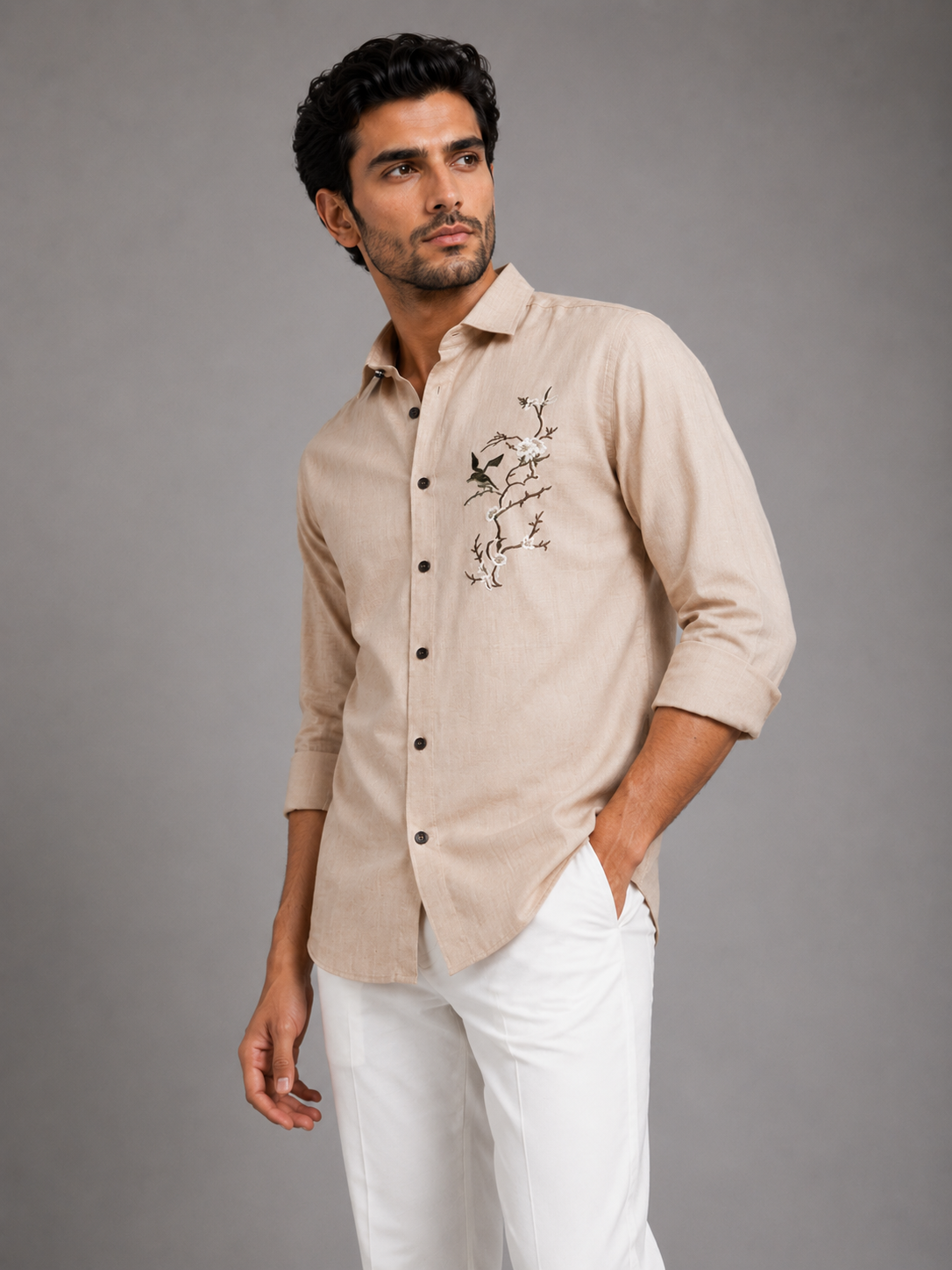 Signature Ivory Linen Shirt with Artistic Threadwork