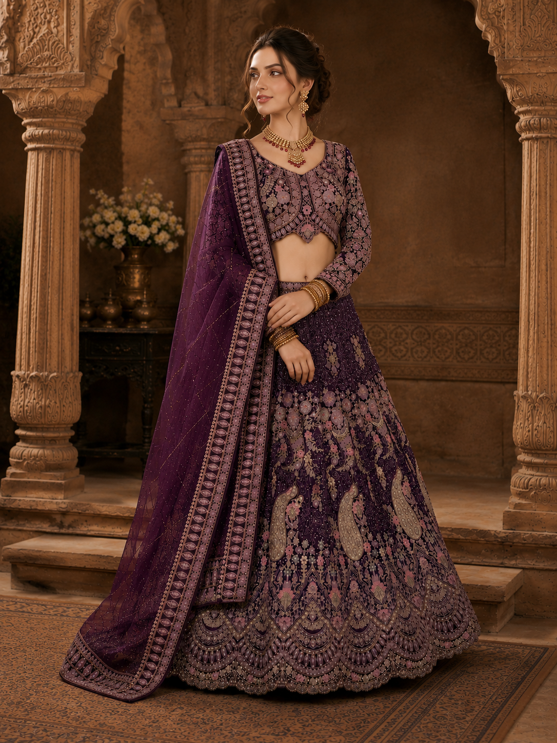 Imperial Wine Designer Lehenga Set with Dupatta Featuring Exquisite Floral Embroidery & Peacock Artwork
