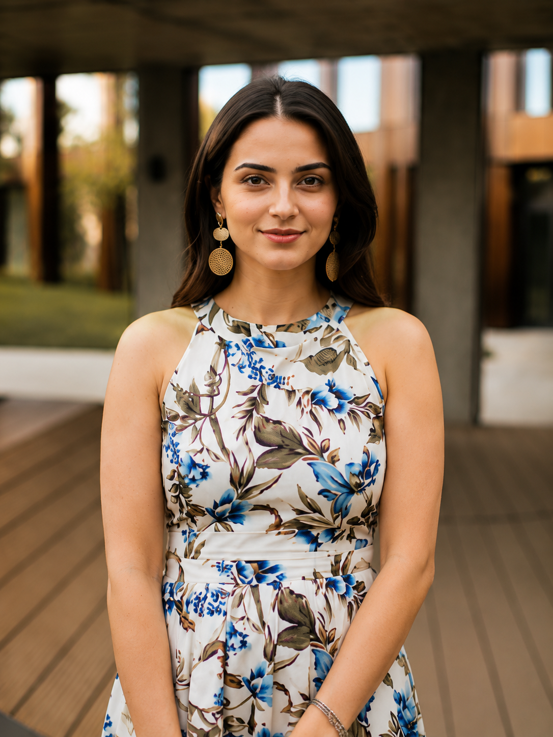 Elegant Ivory Floral Maxi Dress Featuring Blue Botanical Prints