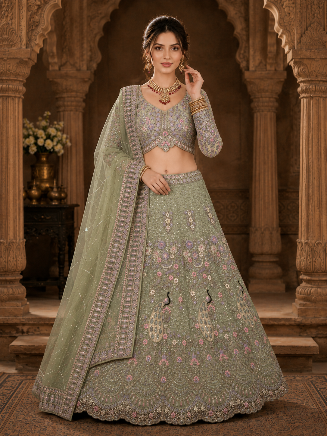 Pista Embroidered Lehenga Set with Dupatta Featuring Floral Threadwork