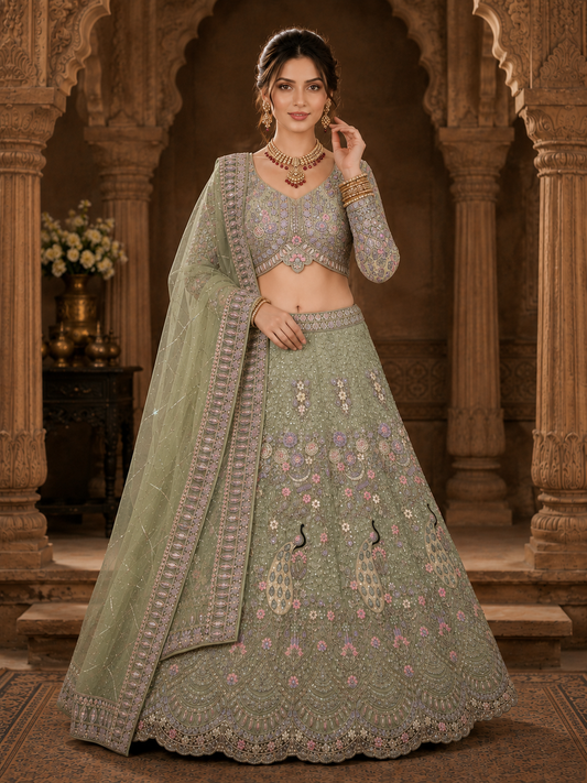 Pista Embroidered Lehenga Set with Dupatta Featuring Floral Threadwork