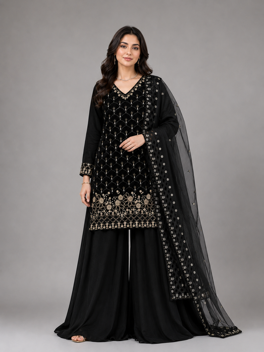 Regal Black Occasion Wear Ensemble Featuring Fine Embellishments