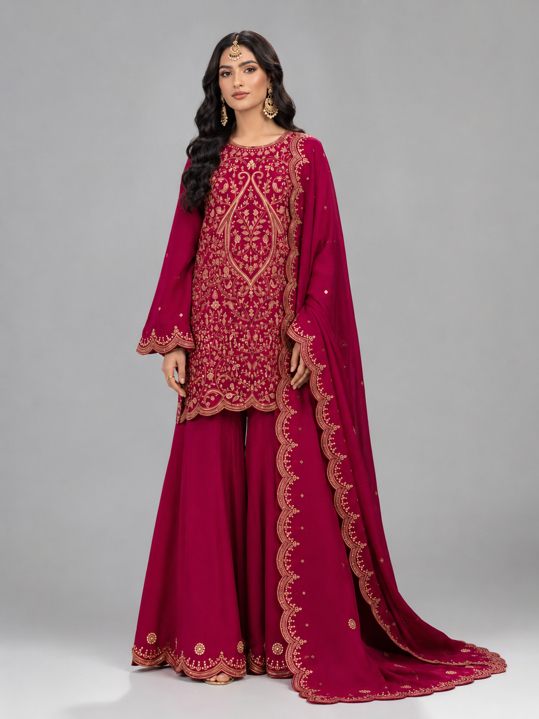 Royal Rani Pink Embroidered Palazzo Suit Set Featuring Zari & Sequin Detailing