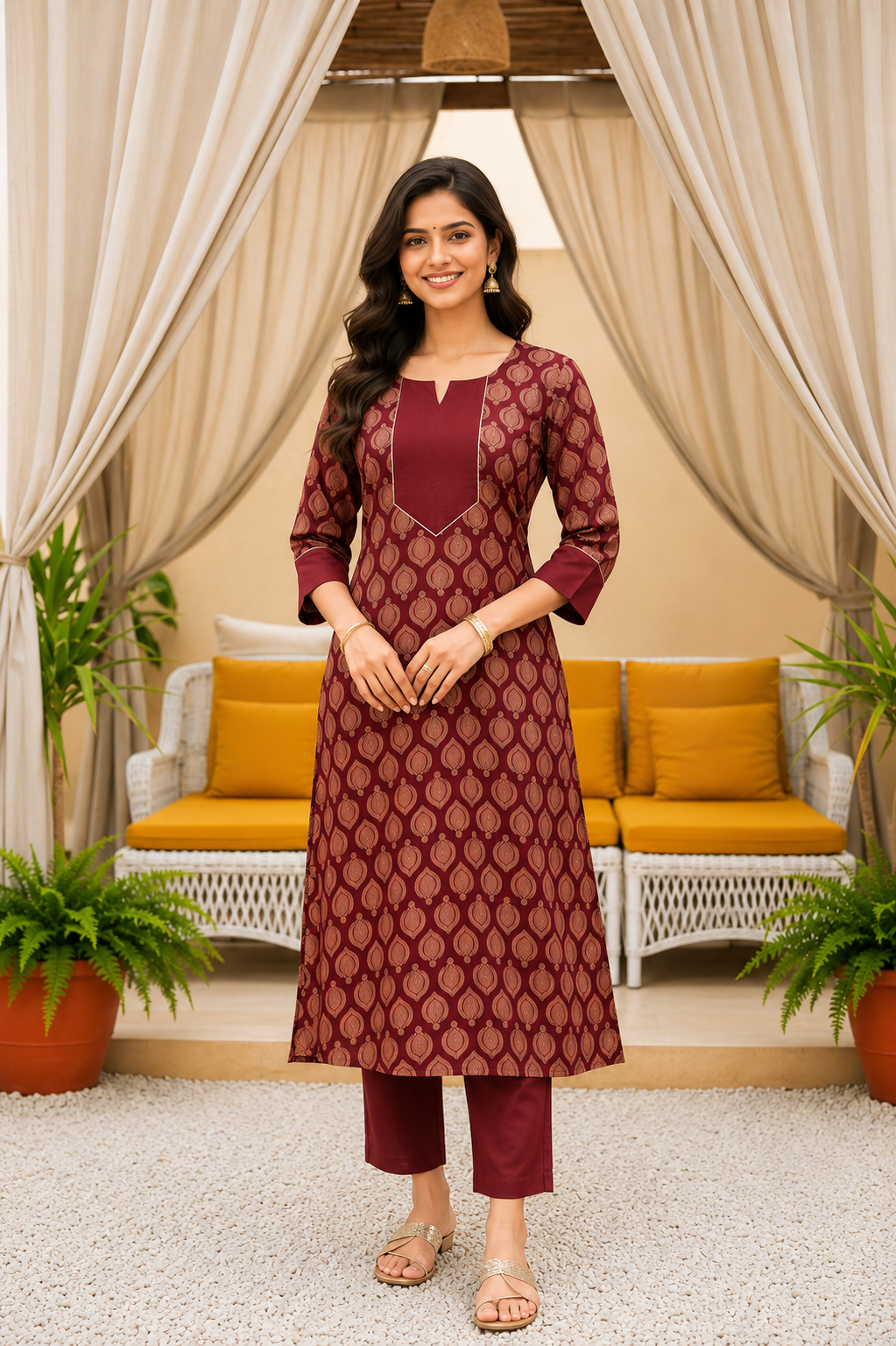 Classic Maroon Printed Cotton Kurta Set with Coordinated Pants