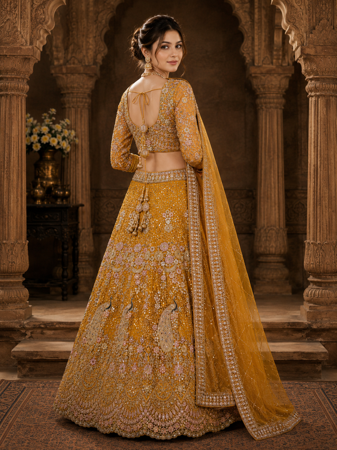 Mustard Yellow Embroidered Lehenga Set with Dupatta Featuring Peacock & Floral Detailing