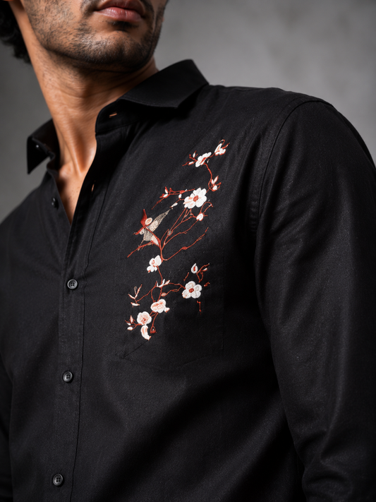 Midnight Black Linen Shirt Featuring Artistic Embroidered Accents