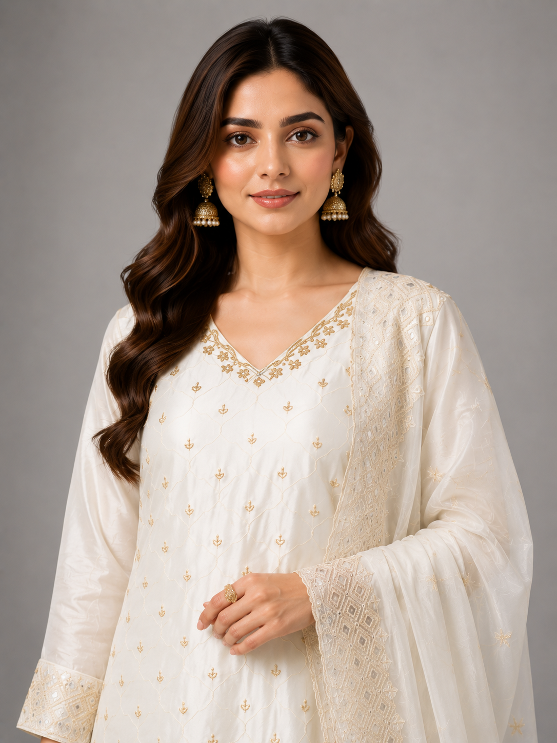 Royal Ivory Embroidered Palazzo Suit Set Featuring Bead & Sequin Detailing