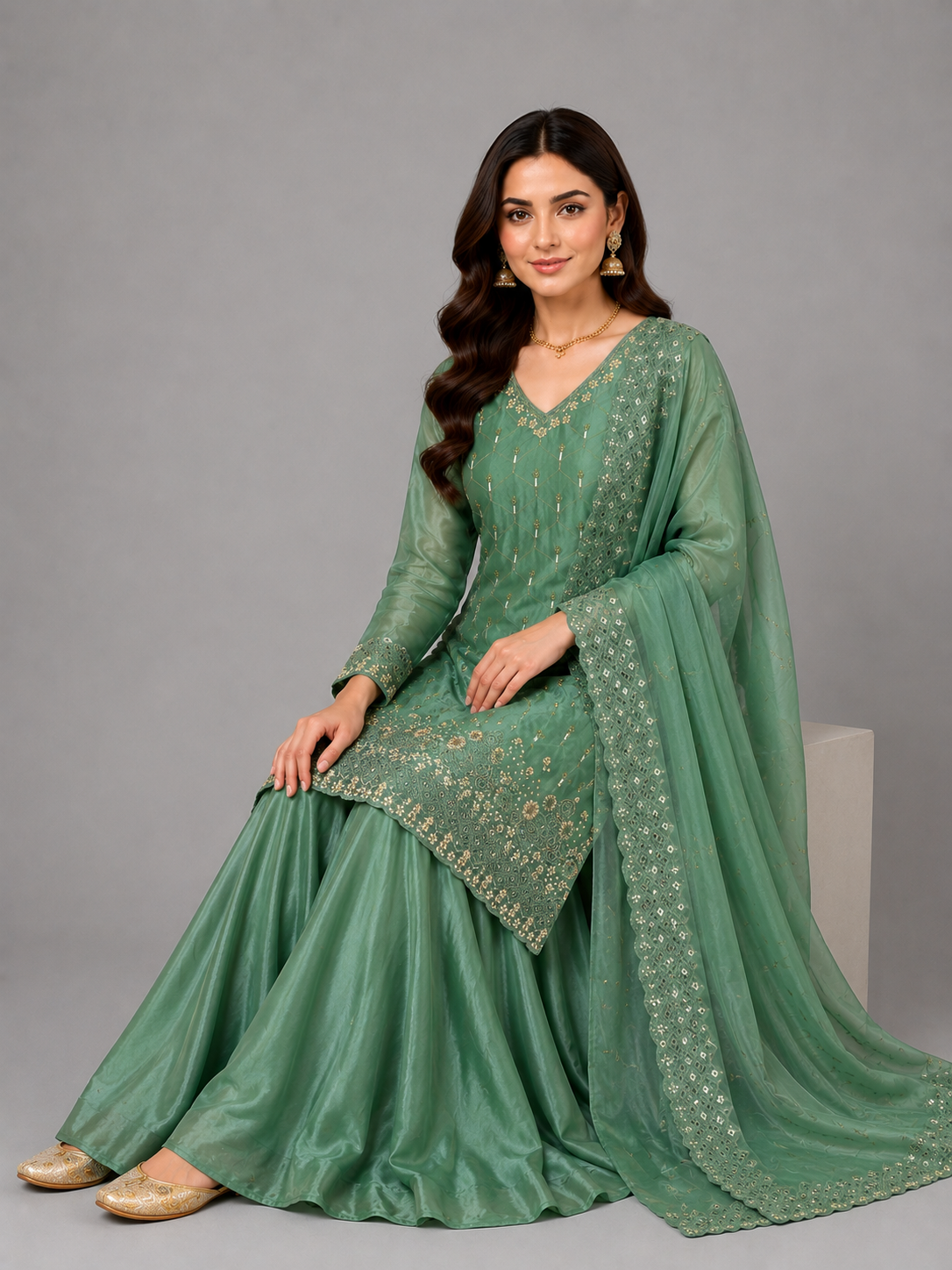 Regal Green Festive Set Featuring Intricate Embellishments