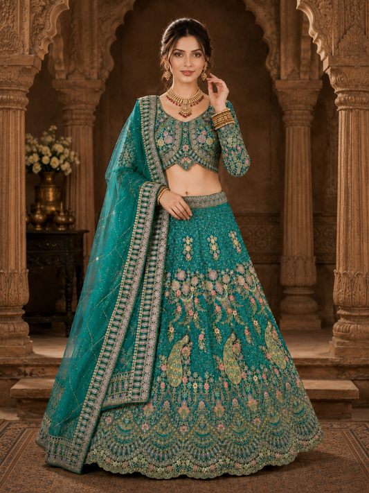 Sky Blue Embroidered Lehenga Set with Dupatta Featuring Floral Threadwork, Sequins & Peacock Motifs
