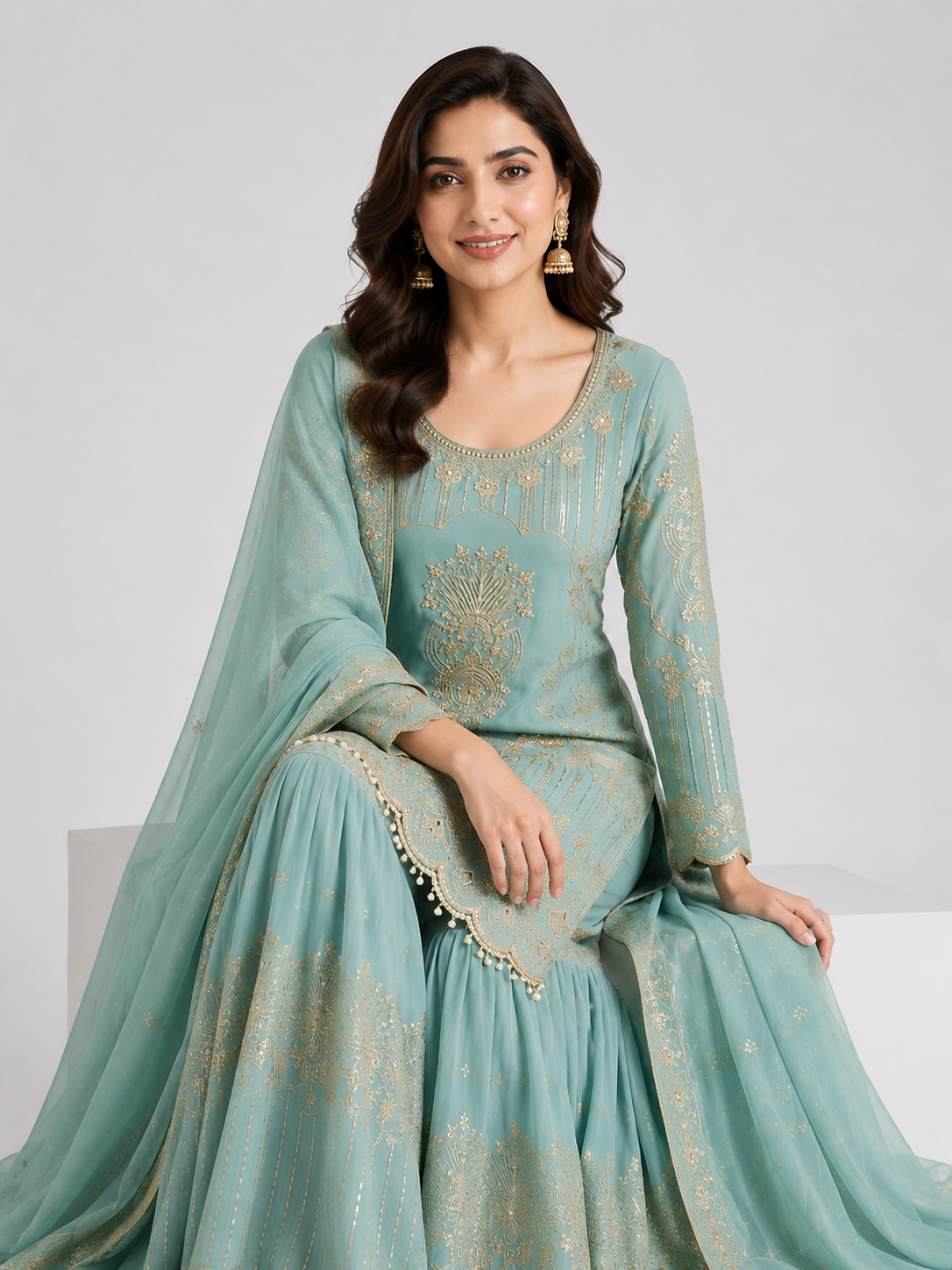 Timeless Sky Blue Occasion Wear Ensemble with Graceful Detailing