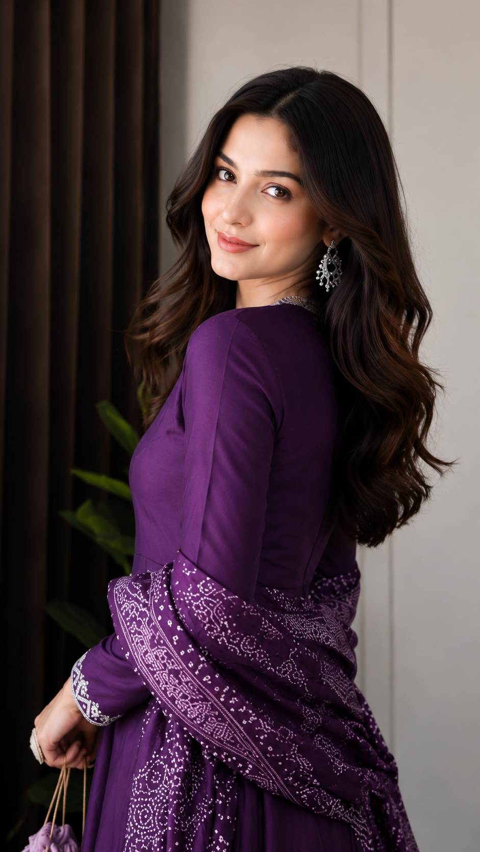 Classic Purple Anarkali Ensemble Featuring Contemporary Print Accents