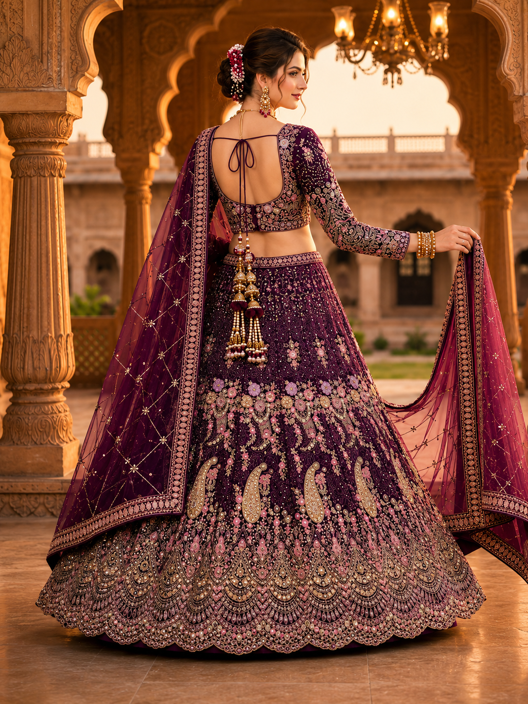Imperial Wine Designer Lehenga Set with Dupatta Featuring Exquisite Floral Embroidery & Peacock Artwork