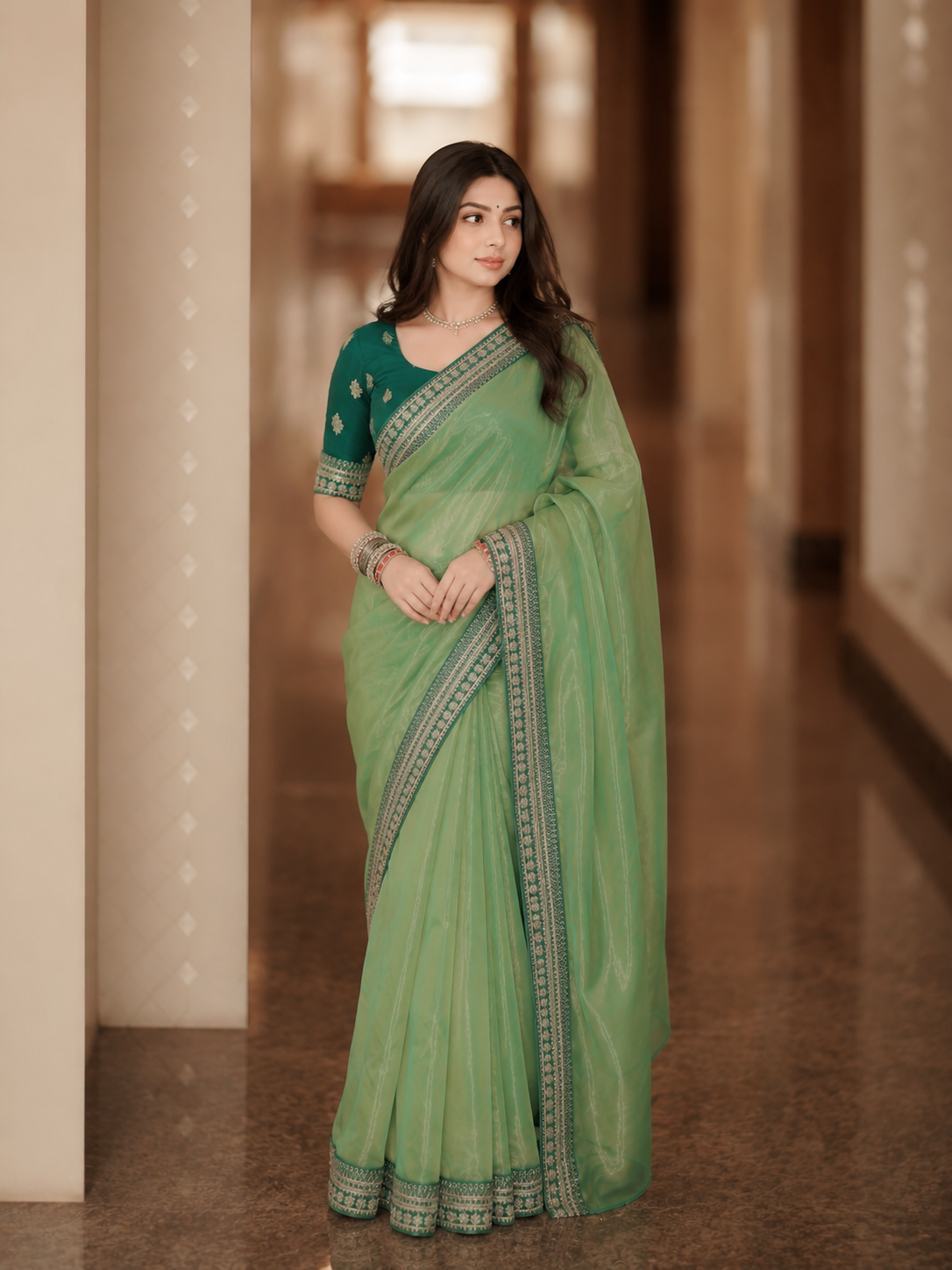 Sage Green Embroidered Designer Saree with Border Work
