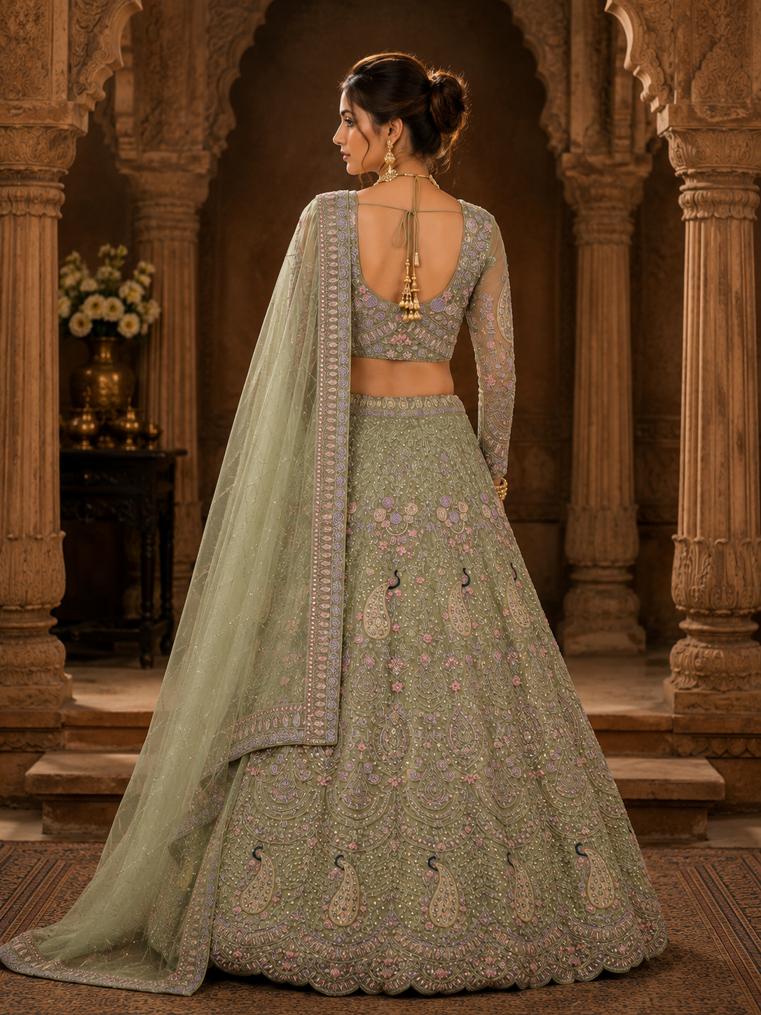 Pista Embroidered Lehenga Set with Dupatta Featuring Floral Threadwork