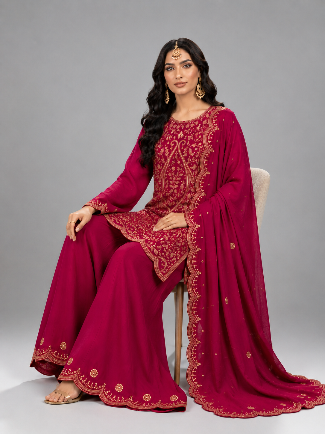 Royal Rani Pink Embroidered Palazzo Suit Set Featuring Zari & Sequin Detailing