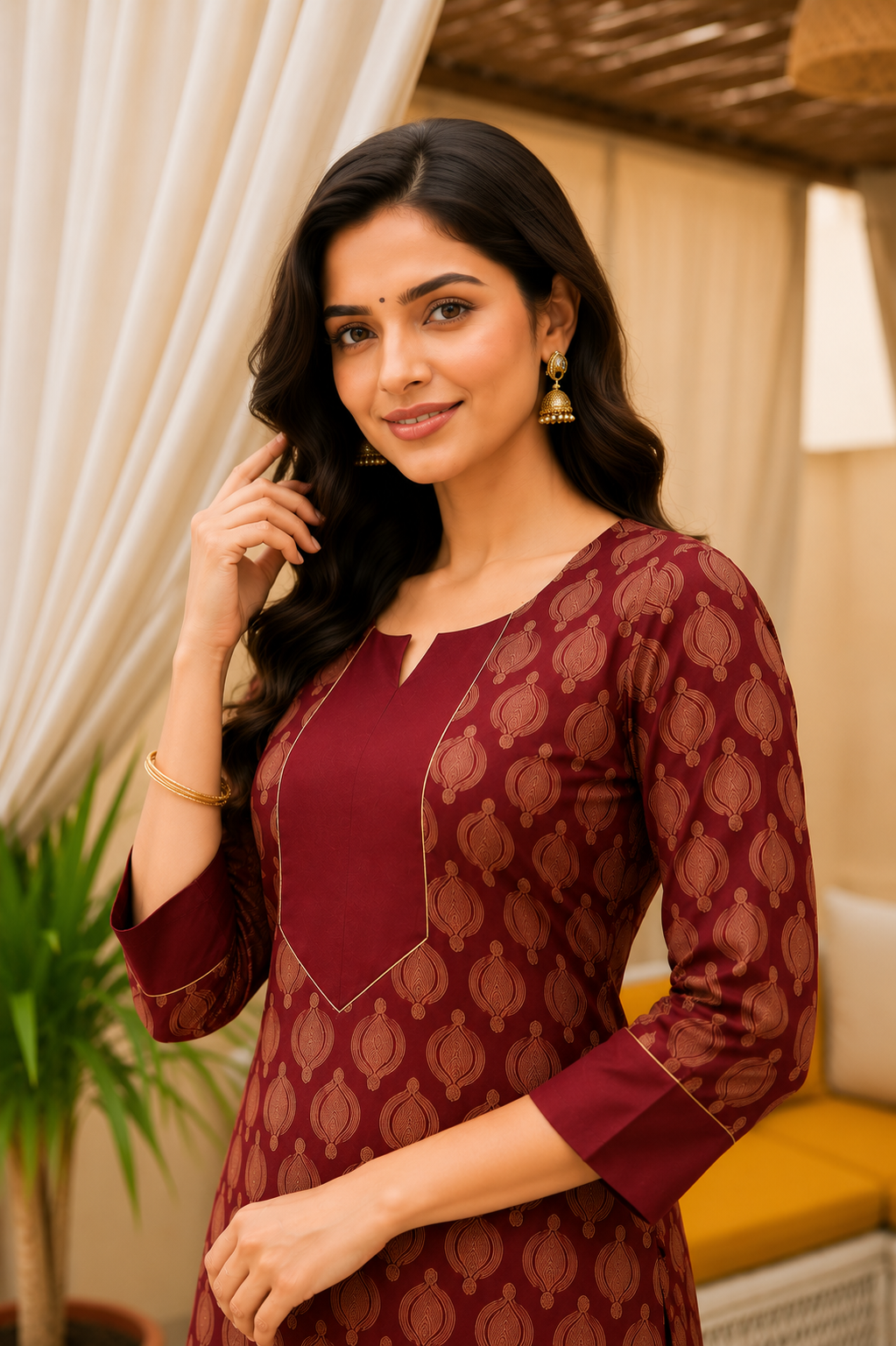 Classic Maroon Printed Cotton Kurta Set with Coordinated Pants
