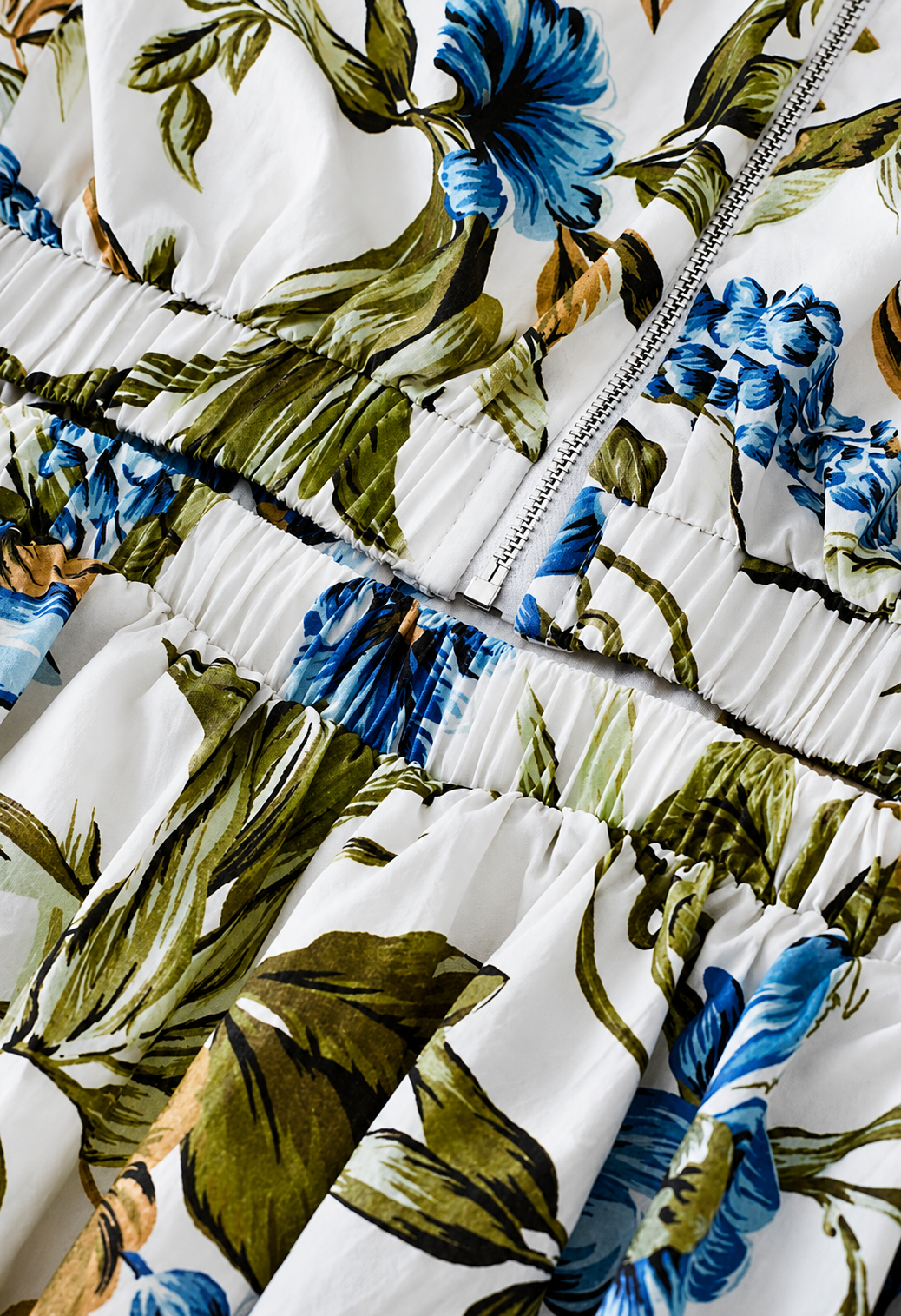 Elegant Ivory Floral Maxi Dress Featuring Blue Botanical Prints