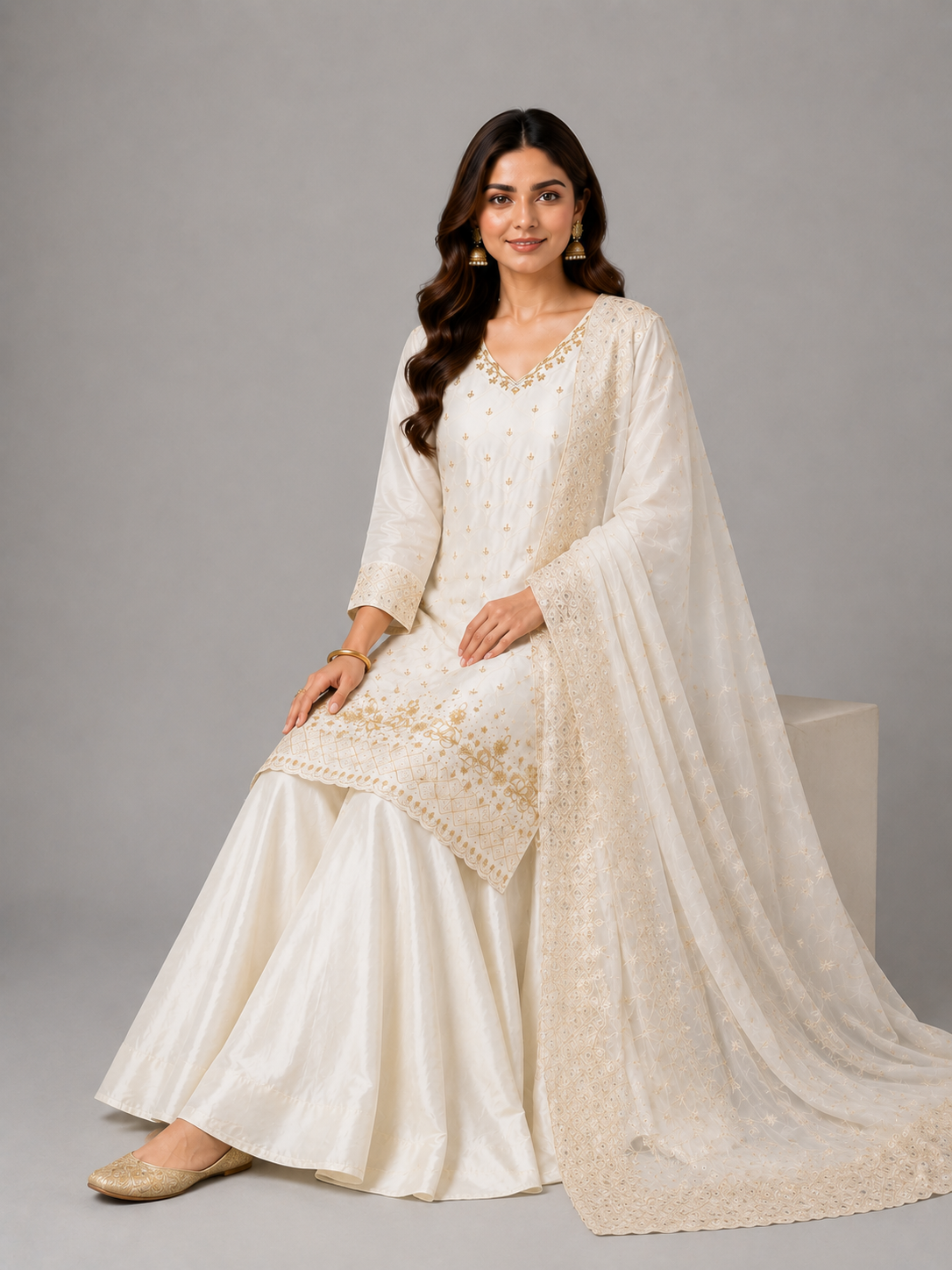 Royal Ivory Embroidered Palazzo Suit Set Featuring Bead & Sequin Detailing