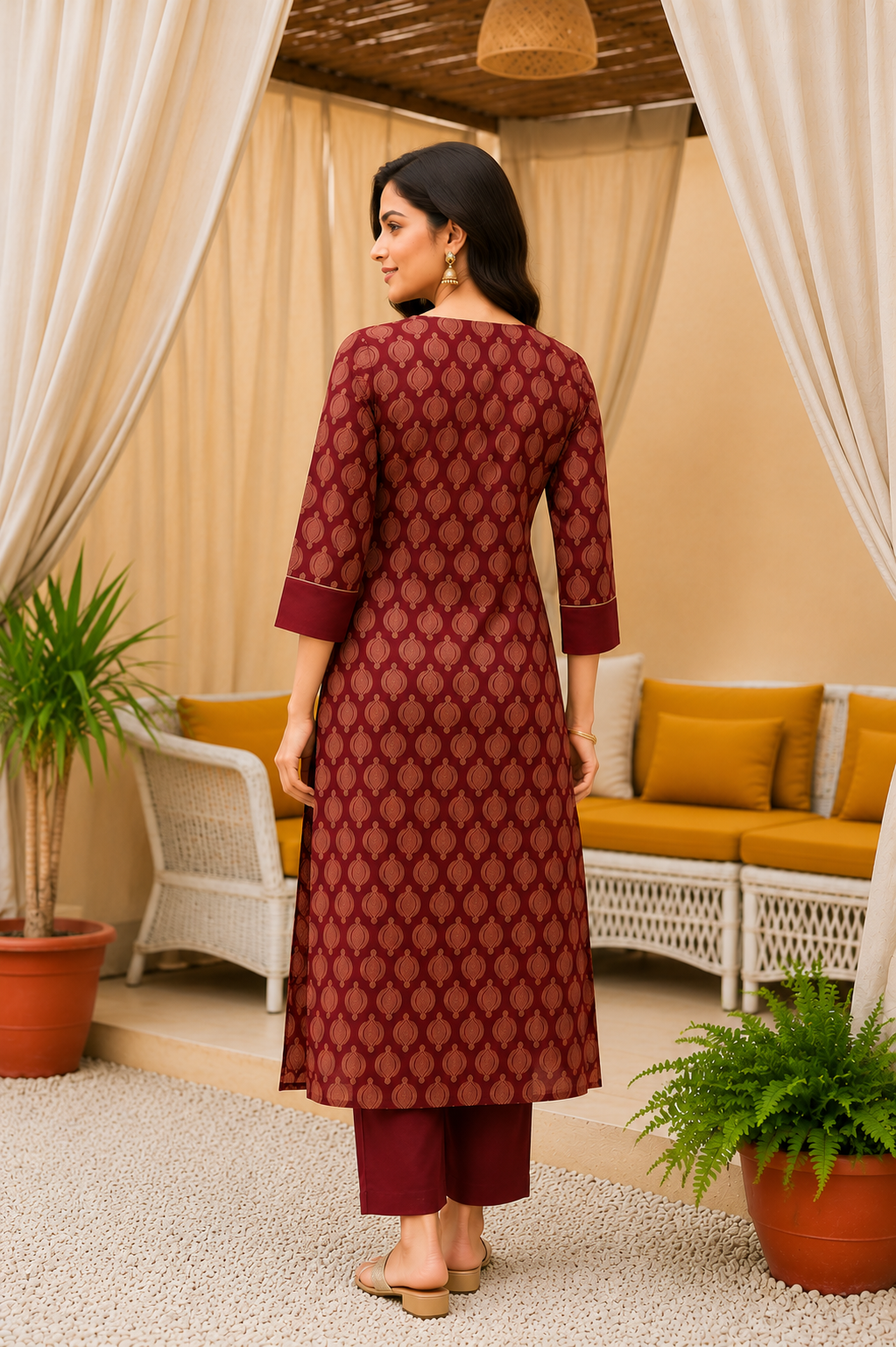 Classic Maroon Printed Cotton Kurta Set with Coordinated Pants