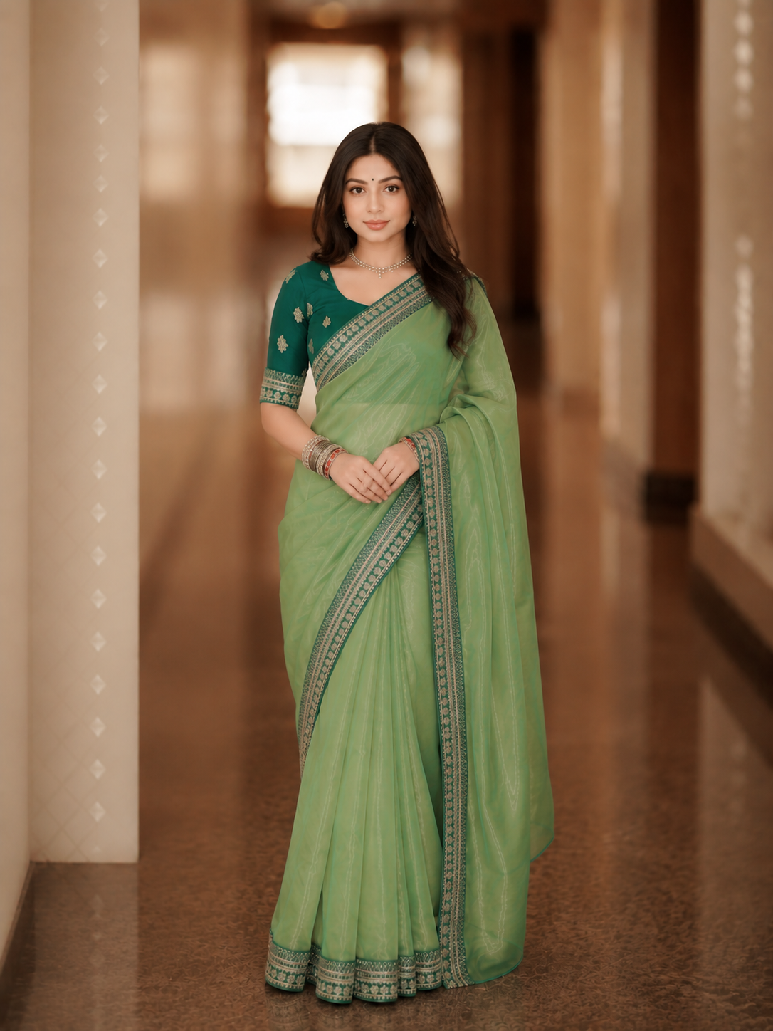 Sage Green Embroidered Designer Saree with Border Work