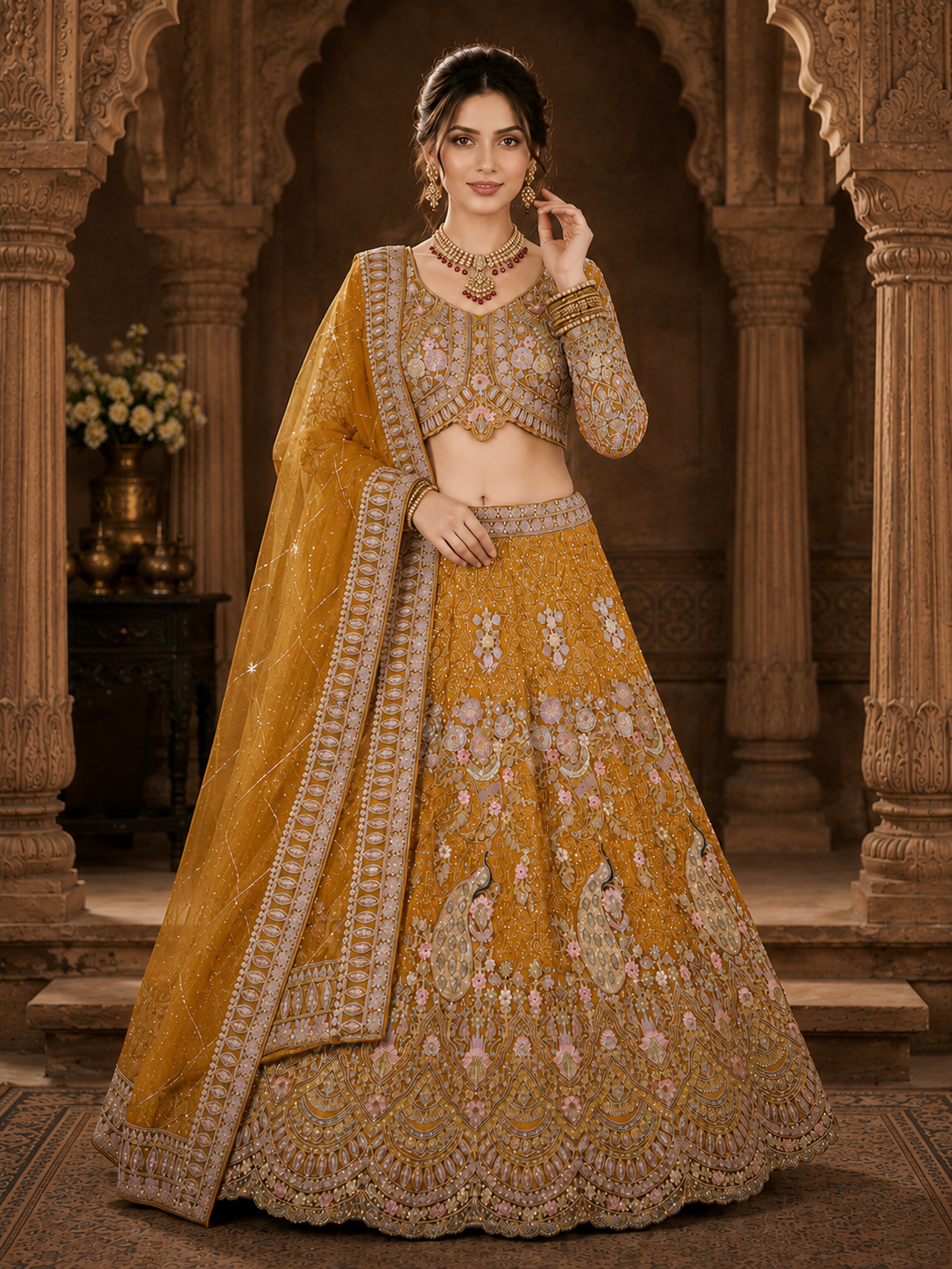 Mustard Yellow Embroidered Lehenga Set with Dupatta Featuring Peacock & Floral Detailing