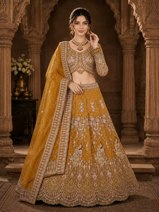 Mustard Yellow Embroidered Lehenga Set with Dupatta Featuring Peacock & Floral Detailing