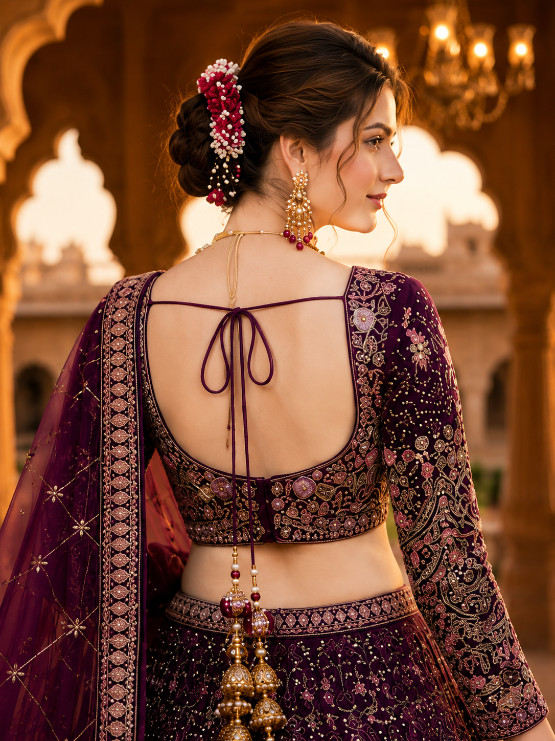 Imperial Wine Designer Lehenga Set with Dupatta Featuring Exquisite Floral Embroidery & Peacock Artwork
