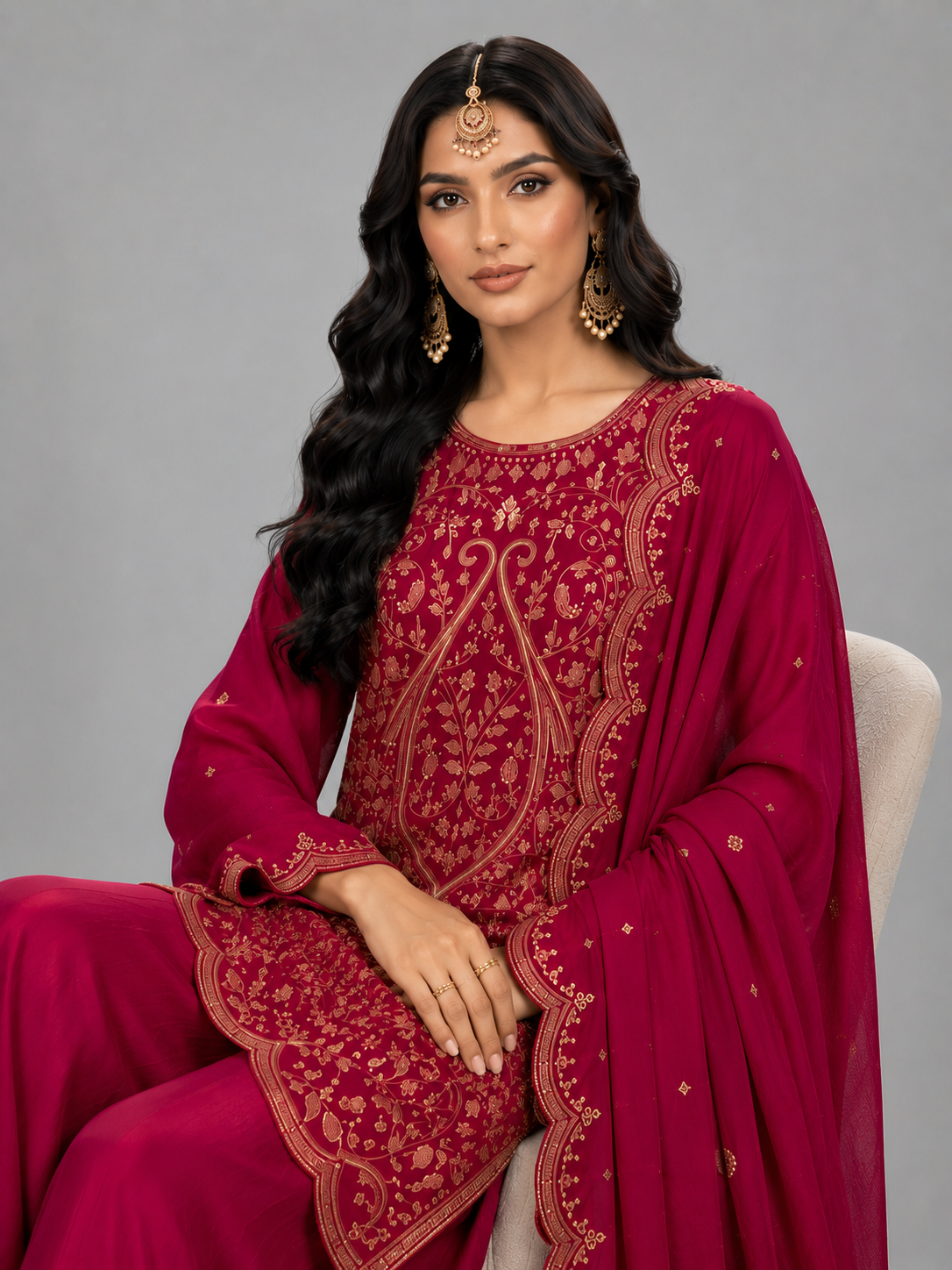 Royal Rani Pink Embroidered Palazzo Suit Set Featuring Zari & Sequin Detailing