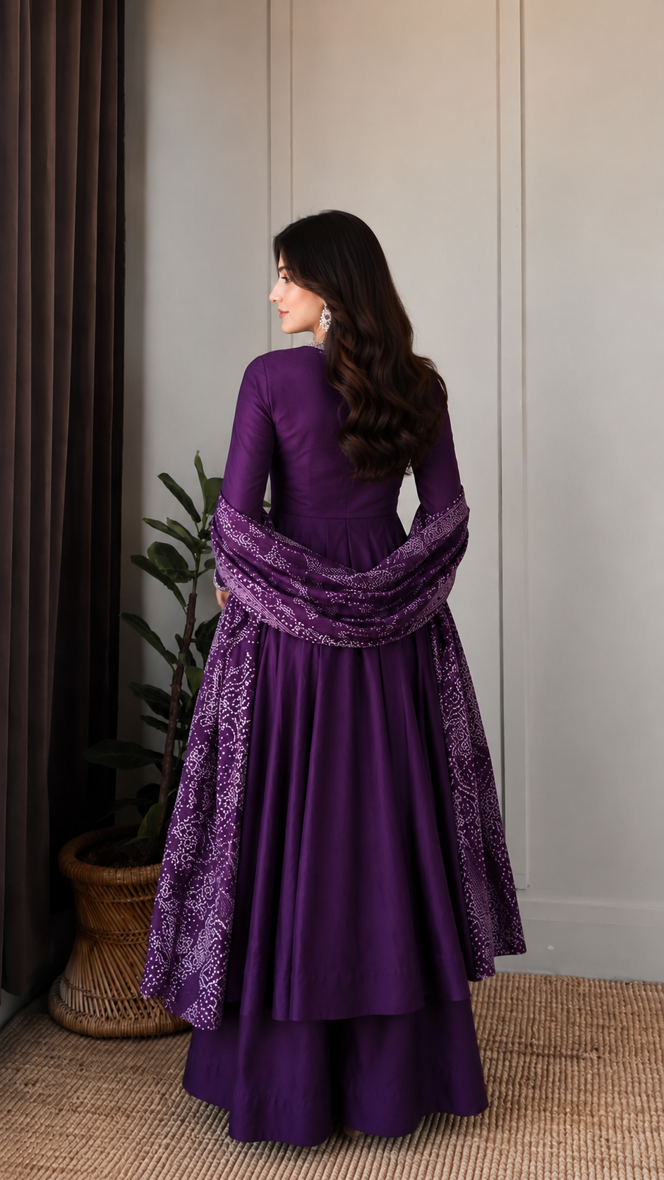 Classic Purple Anarkali Ensemble Featuring Contemporary Print Accents