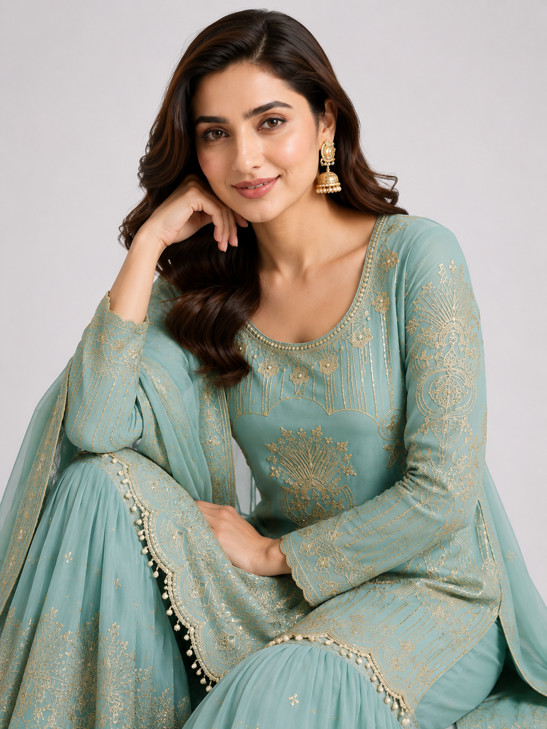 Timeless Sky Blue Occasion Wear Ensemble with Graceful Detailing