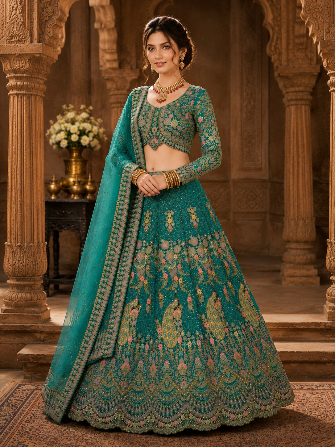 Sky Blue Embroidered Lehenga Set with Dupatta Featuring Floral Threadwork, Sequins & Peacock Motifs