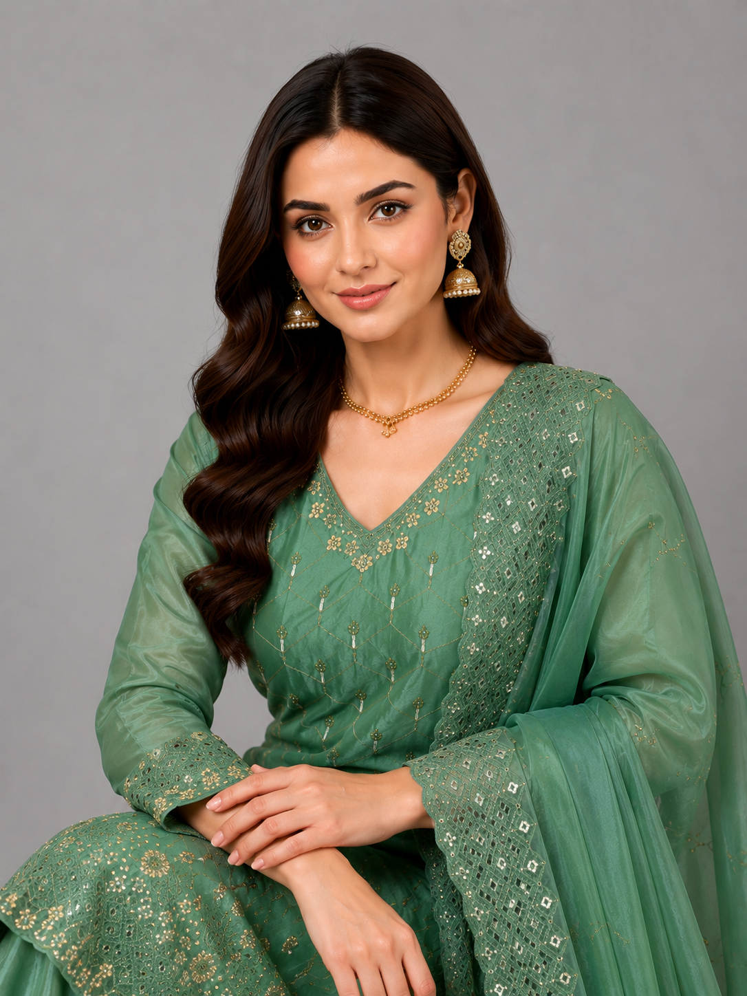 Regal Green Festive Set Featuring Intricate Embellishments