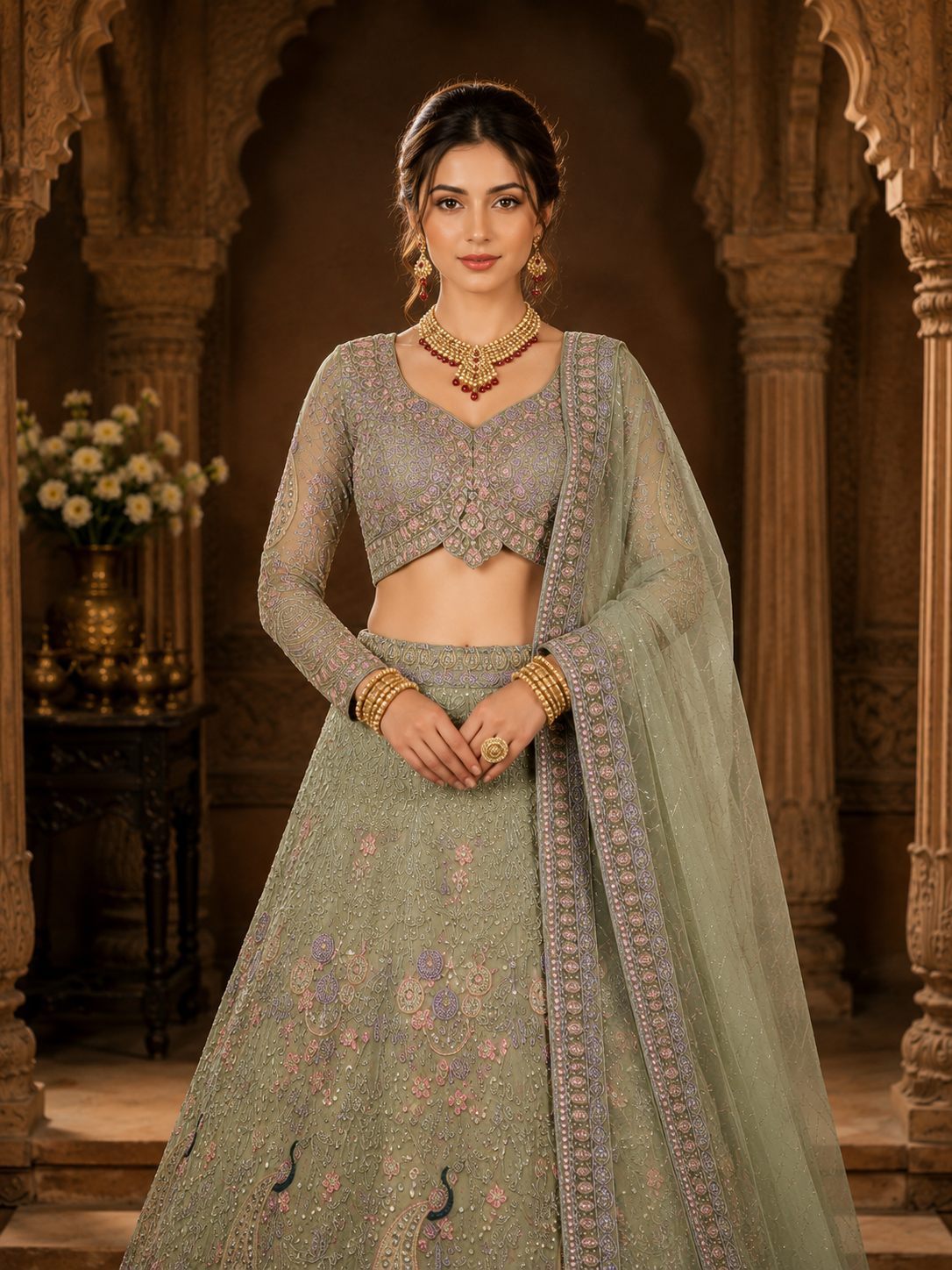 Pista Embroidered Lehenga Set with Dupatta Featuring Floral Threadwork