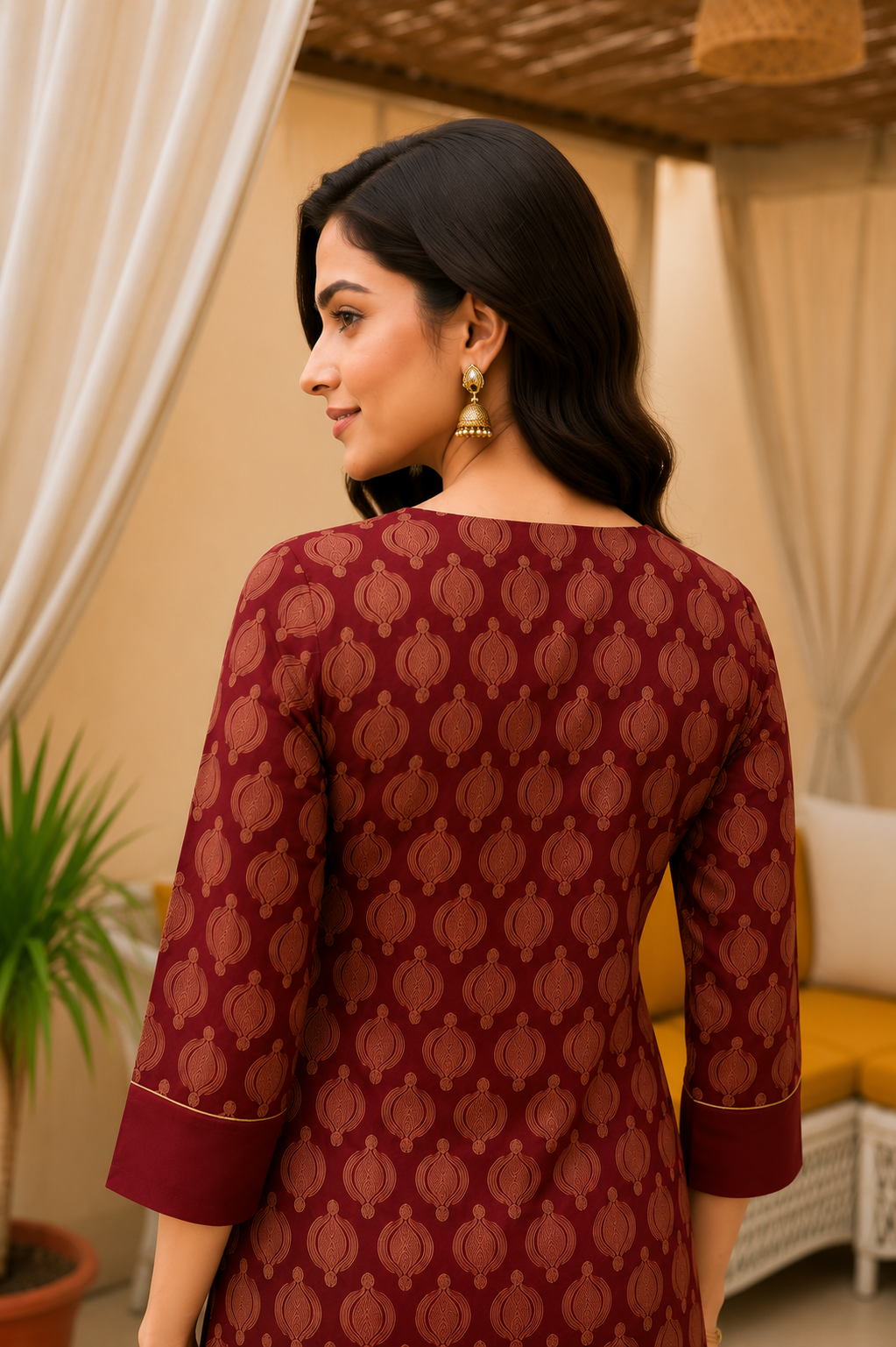 Classic Maroon Printed Cotton Kurta Set with Coordinated Pants
