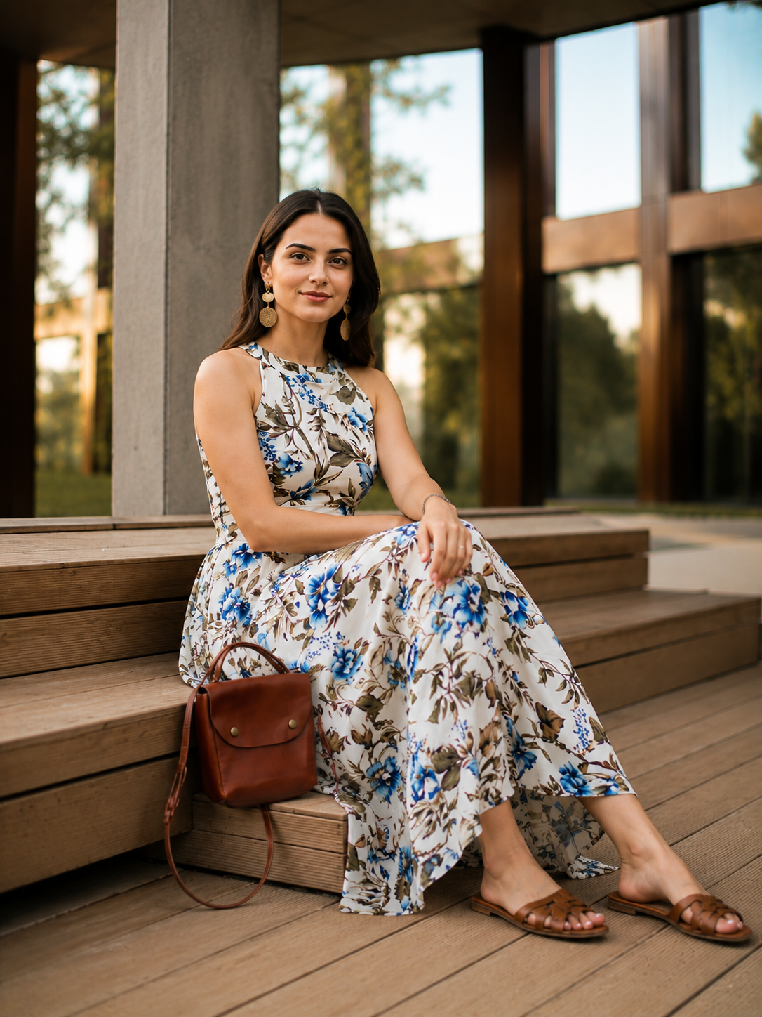 Elegant Ivory Floral Maxi Dress Featuring Blue Botanical Prints