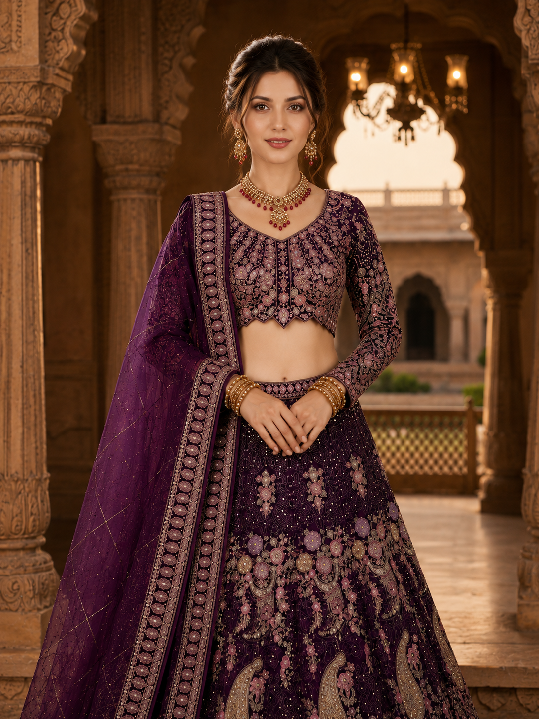 Imperial Wine Designer Lehenga Set with Dupatta Featuring Exquisite Floral Embroidery & Peacock Artwork
