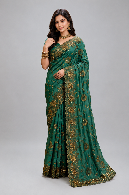Regalia Teal Green Satin Silk Saree