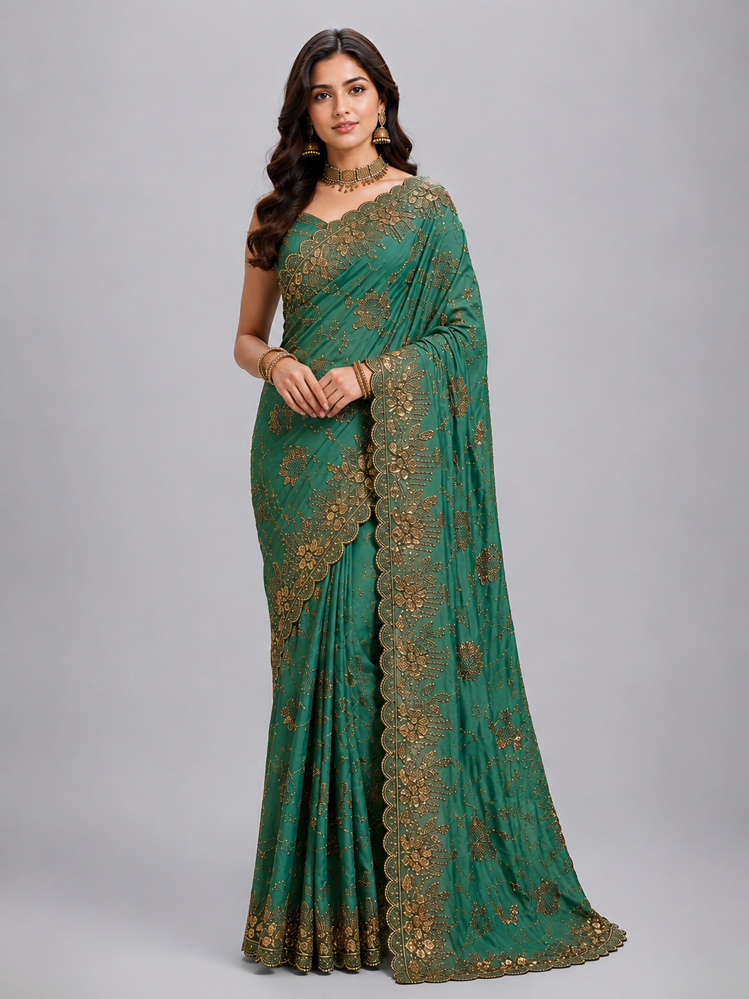 Regalia Royale Teal Green Satin Silk Saree
