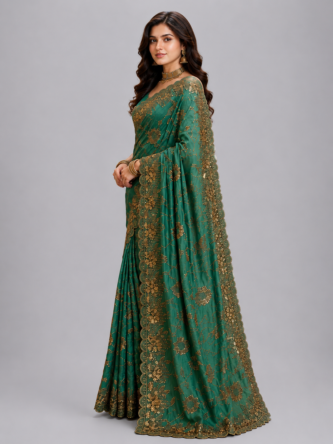Regalia Royale Teal Green Satin Silk Saree