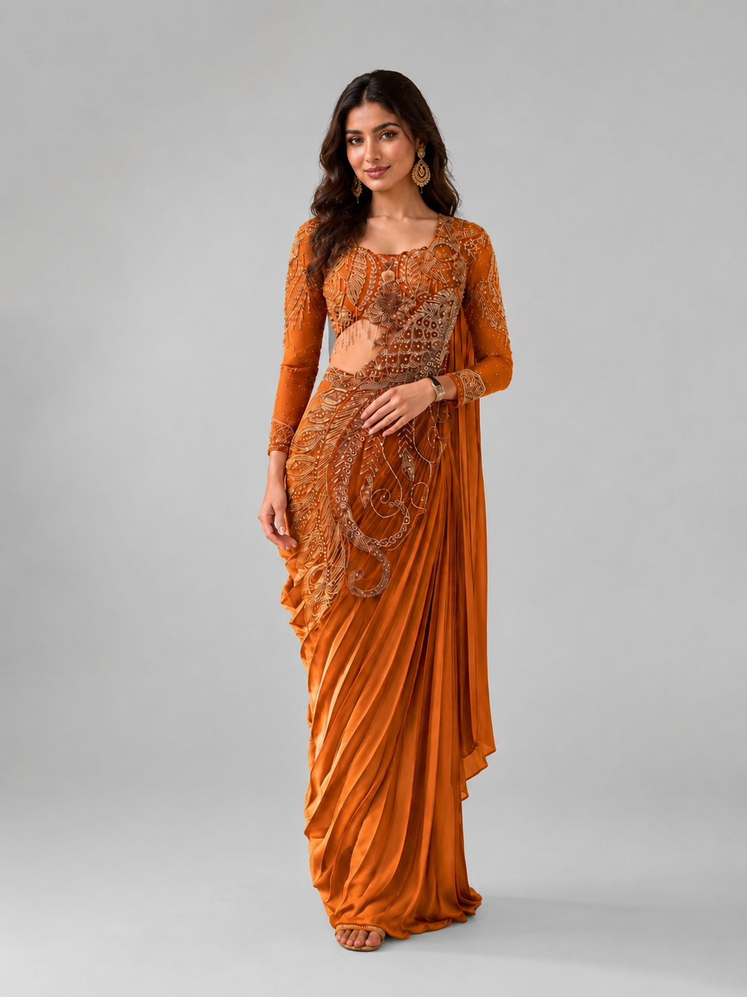 Orange Heavy Embroidered Designer Drape Saree