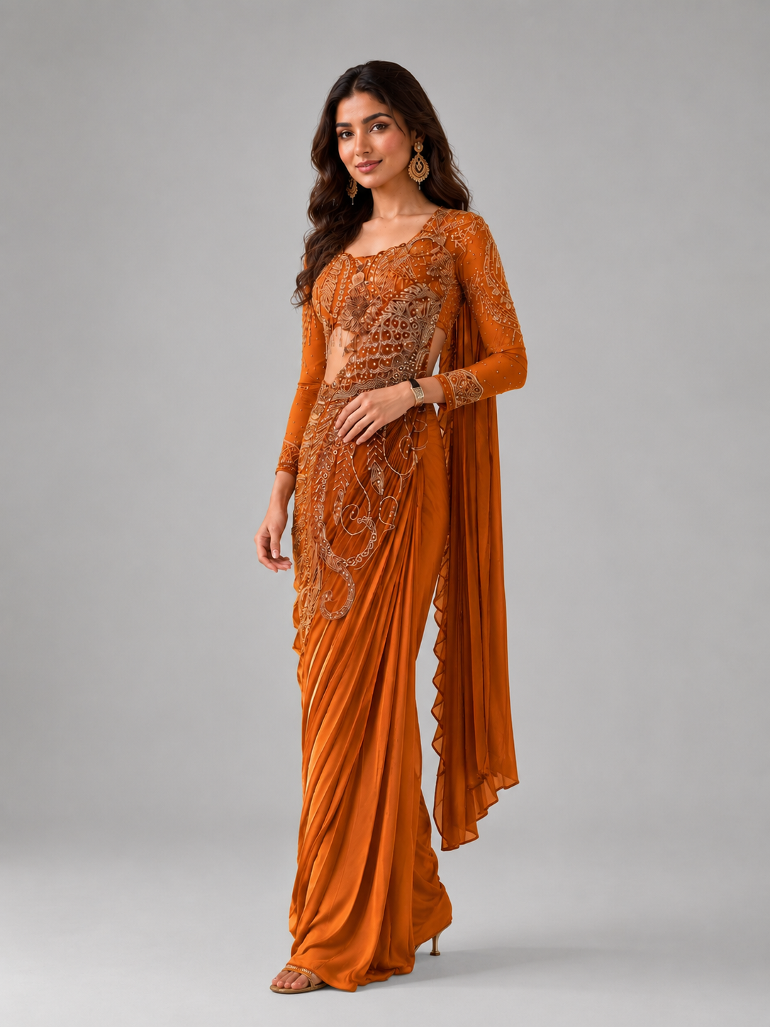 Orange Heavy Embroidered Designer Drape Saree