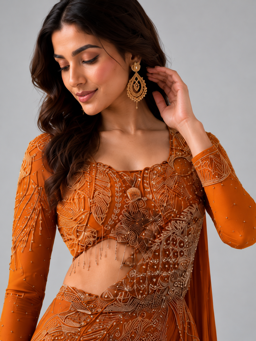 Orange Heavy Embroidered Designer Drape Saree