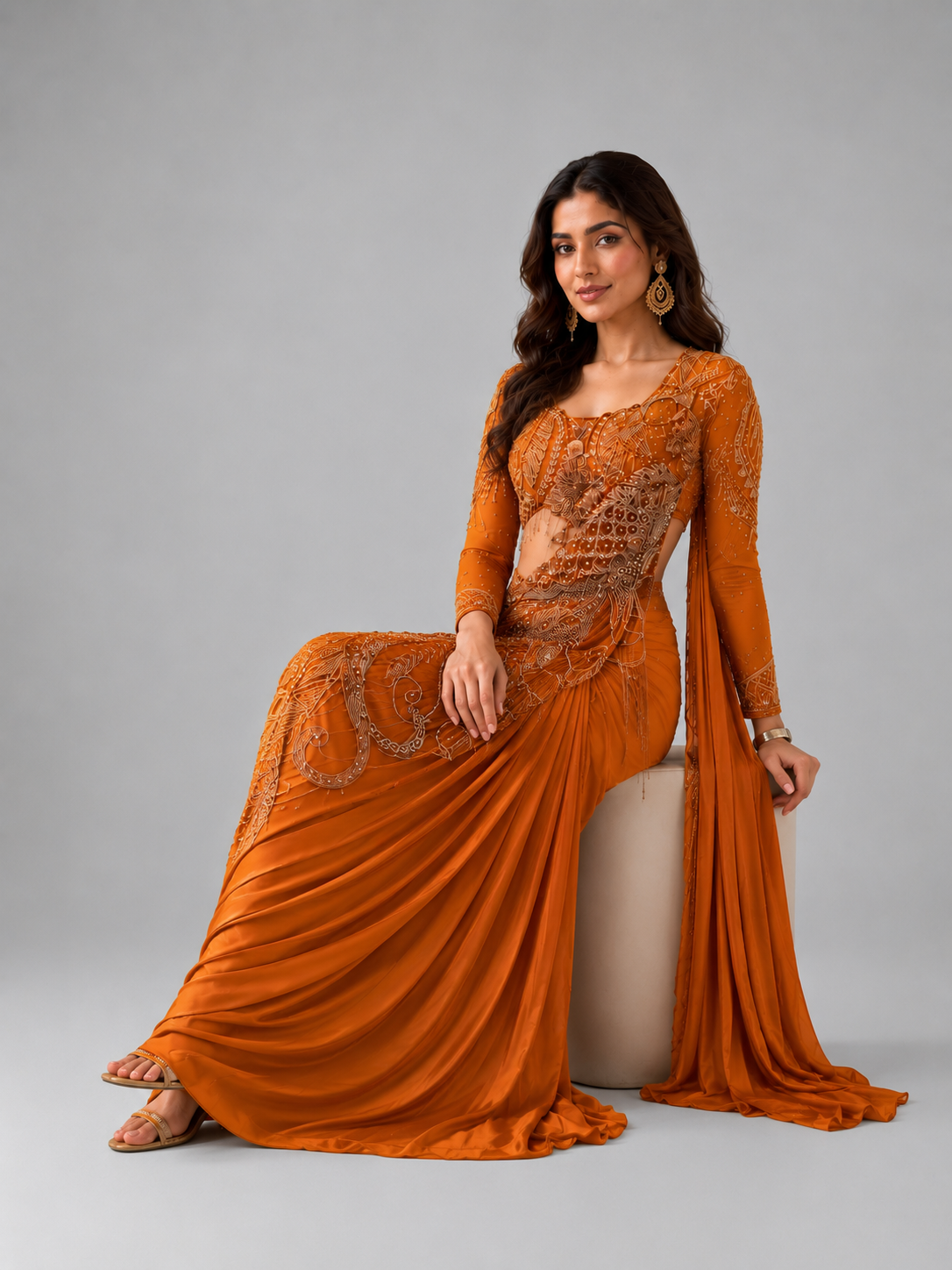 Orange Heavy Embroidered Designer Drape Saree
