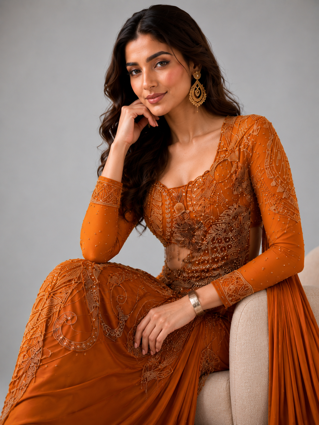 Orange Heavy Embroidered Designer Drape Saree