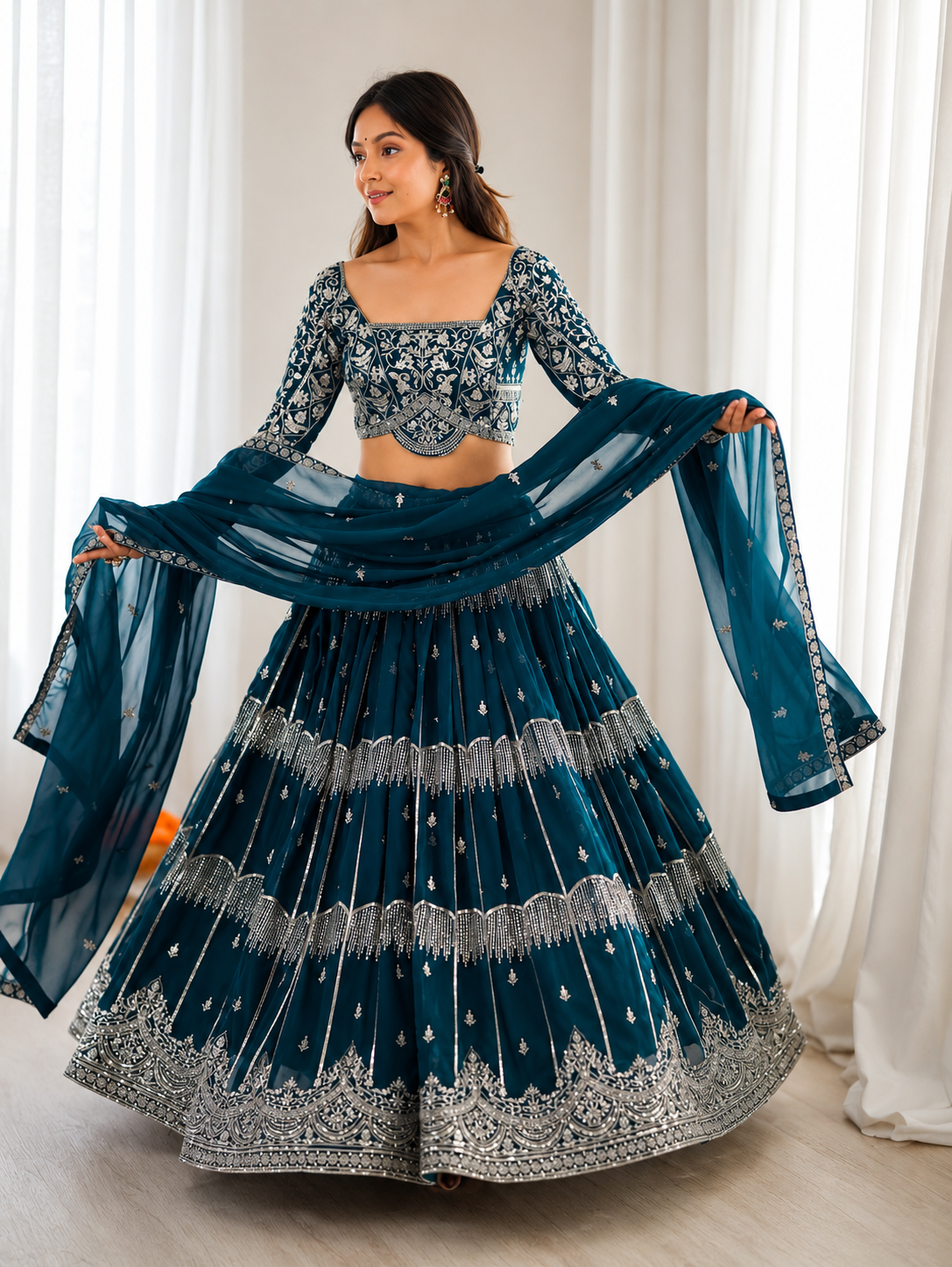 Royal Teal Designer Lehenga Set with Dupatta featuring Intricate Threadwork & Mirror Embellishments