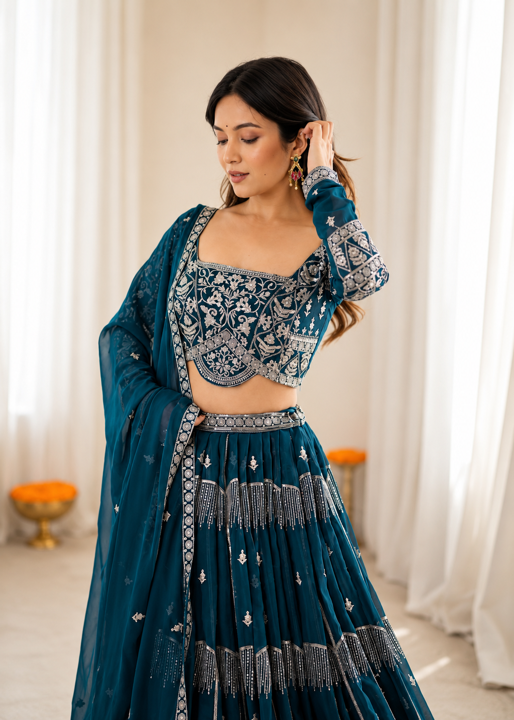 Royal Teal Designer Lehenga Set with Dupatta featuring Intricate Threadwork & Mirror Embellishments