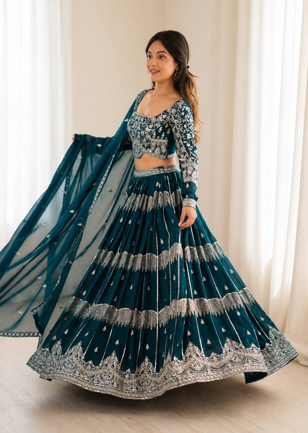 Royal Teal Designer Lehenga Set with Dupatta featuring Intricate Threadwork & Mirror Embellishments