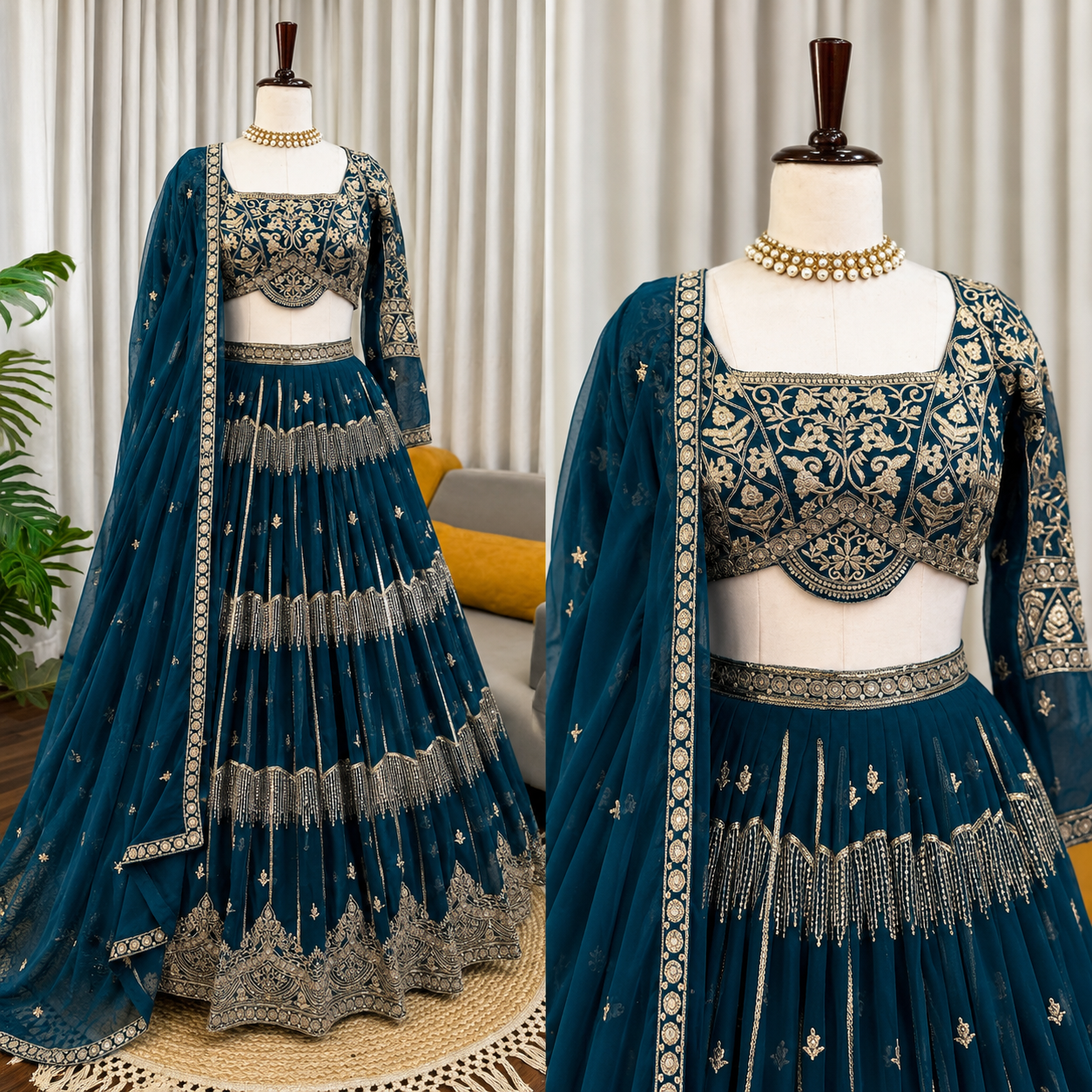 Royal Teal Designer Lehenga Set with Dupatta featuring Intricate Threadwork & Mirror Embellishments
